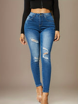 New Fashion Stylish Women’s Skinny Fit Jeans - High-Waist, Frayed Hem, Distressed Washed Denim Pants With Stretch For Comfortable Street Style Fashion - Women Clothing