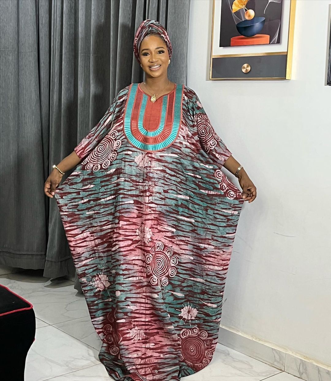 African Embroidered Printed Loose Robe With Headscarf