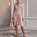 V Neck Folds  Solid Color Slim-fit Long Sleeve V-pleated Design Dress  Women's Office Commuter A-line Midi Party Dresses Female Clothing