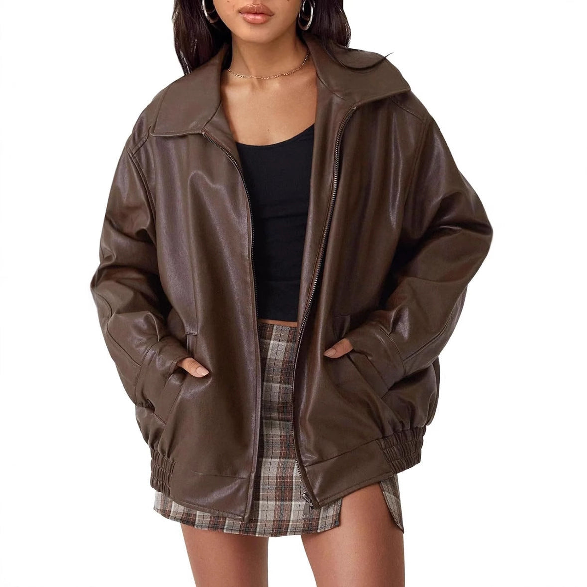 Women's Artificial Leather Plus Size Motorcycle Jacket