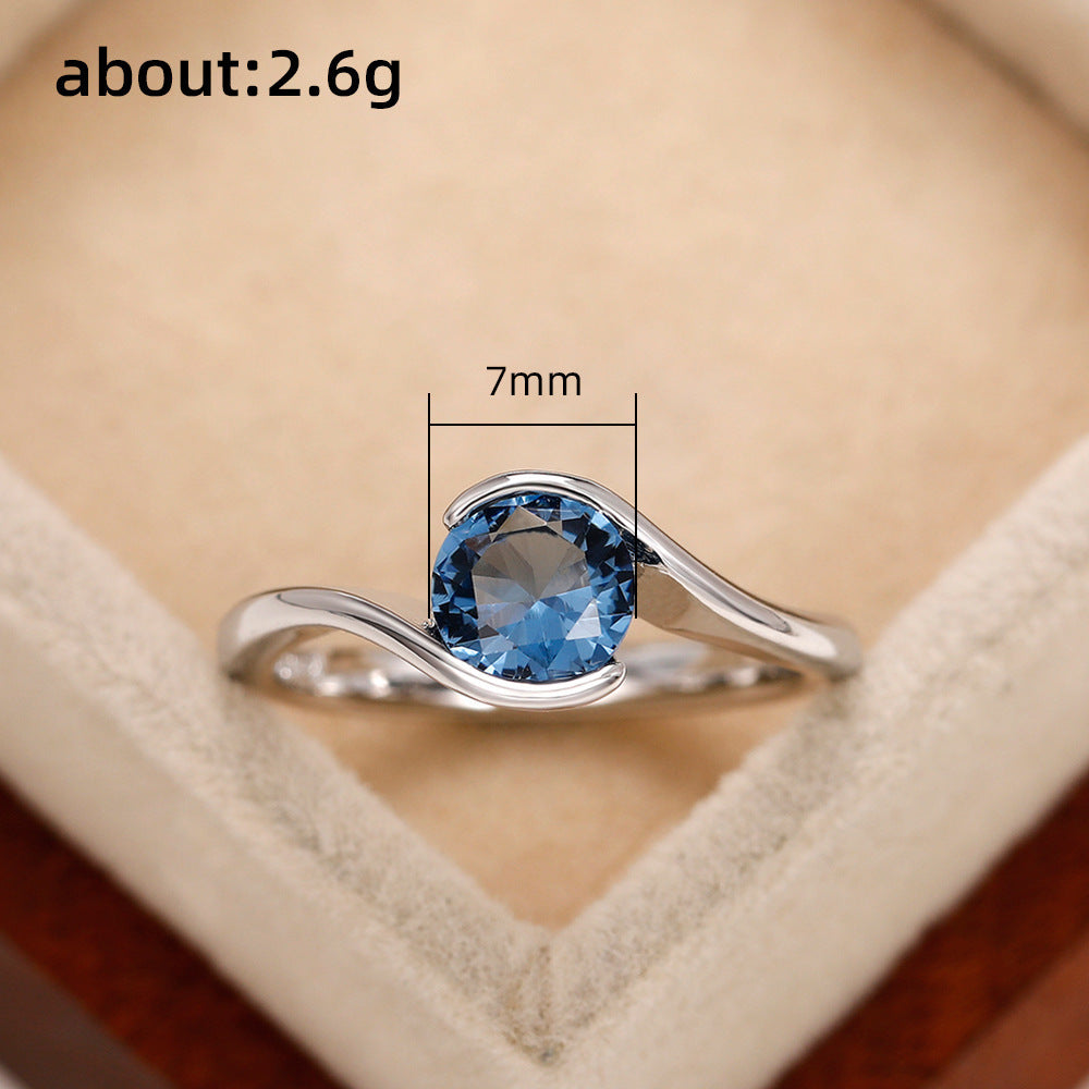 Fashion Twisted Arm Blue Round Diamond Zircon Topaz Simple Women's Ring