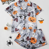 Women Halloween Satin Pajama Set Ghost Pumpkin Print Top With Shorts Sleepwear