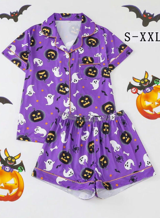 Women Halloween Satin Pajama Set Ghost Pumpkin Print Top With Shorts Sleepwear