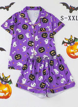 Women Halloween Satin Pajama Set Ghost Pumpkin Print Top With Shorts Sleepwear