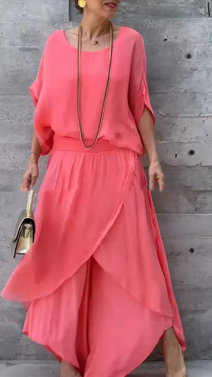 Loose Comfortable Top Split Wide Leg Pants Chiffon Casual Suit