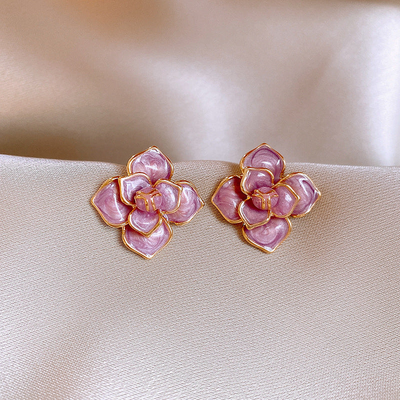 Gold Plated Silver Needle Purple Oil-spot Glaze Flowers Stud Earrings