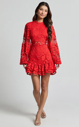 Stand Collar Lantern Long Sleeve Hollow Dress