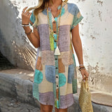 Women's Summer Geometric Print V-Neck Button Down Sundress Short Sleeve Casual Dress