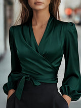 Womens Solid-Color V-Neck Elegant Satin-Bonded Shirt