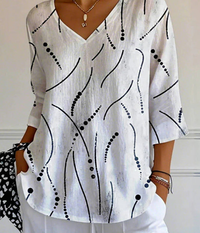 New 3D Printed Women's European And American Fashion Floral V-neck Shirt Top