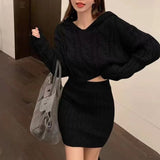 Retro Style Fashionable Hooded Twist Knit Sweater Skirt Suit