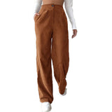 Women's High Waist Casual Pants Solid Color Corduroy Baggy Straight Trousers