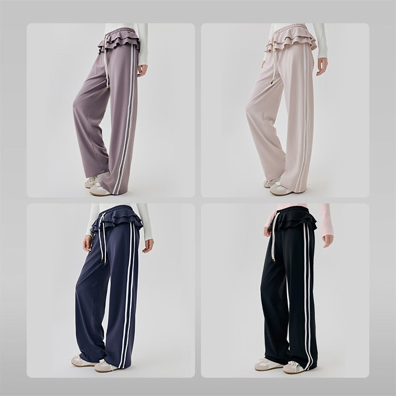 Loose Sports Pants Casual Women's Flounced Design Ballet Style Fashionable Side Stripes