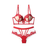 Women's Contrast Color Water Soluble Flower Lace Bra Panties Set