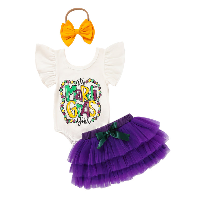 Baby Girl's 2-Piece Set Letter Print Onesie With Elastic Waist Tulle Skirt And Bow