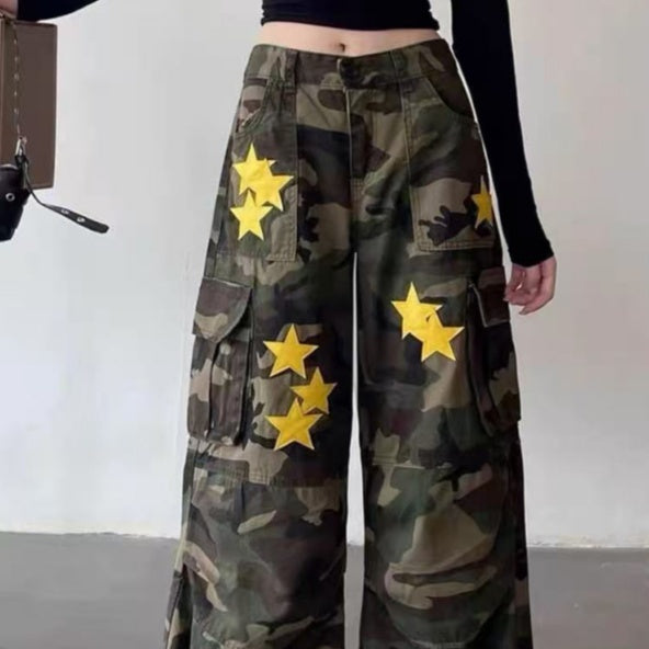 American Retro Workwear Women's Loose Straight Wide Leg XINGX Camouflage Jeans