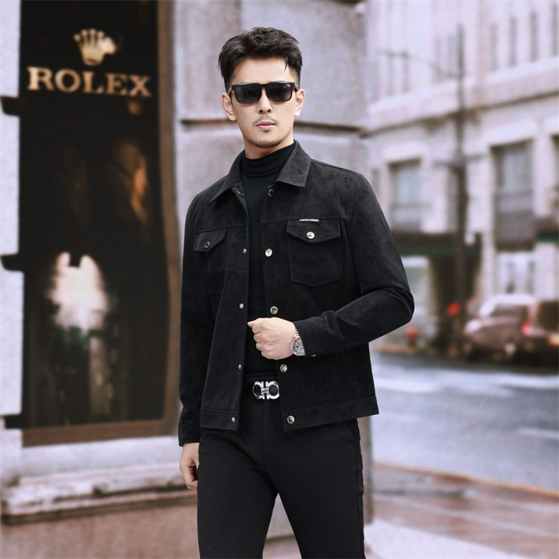 Suede Leather Jacket Men's Slim-fit High-grade Pu Handsome Retro Biker's