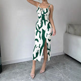 Summer Printed Suspender Split Dress Fashion Slim Lace-up Long Dresses For Women Clothing