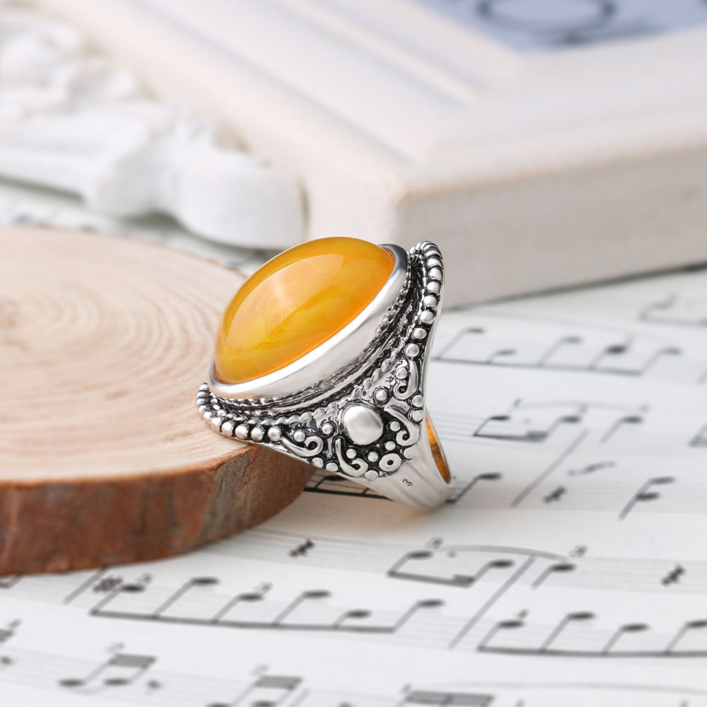 Fluorescent Beeswax Alloy Plating Antique Silver Retro Eye-catching Ring
