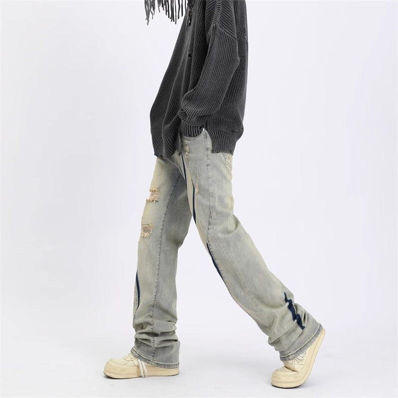 Contrast Color Spray Printing Ripped Jeans Men Loose Straight Trousers