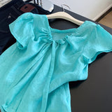 Ramie Blue V-neck Shoulder Short-sleeved Shirt Women's Unique Beautiful Top Light Luxury High-end