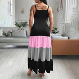 Women's Summer Casual Sleeveless V Neck Color Block Spaghetti Strap Maxi Long Dress