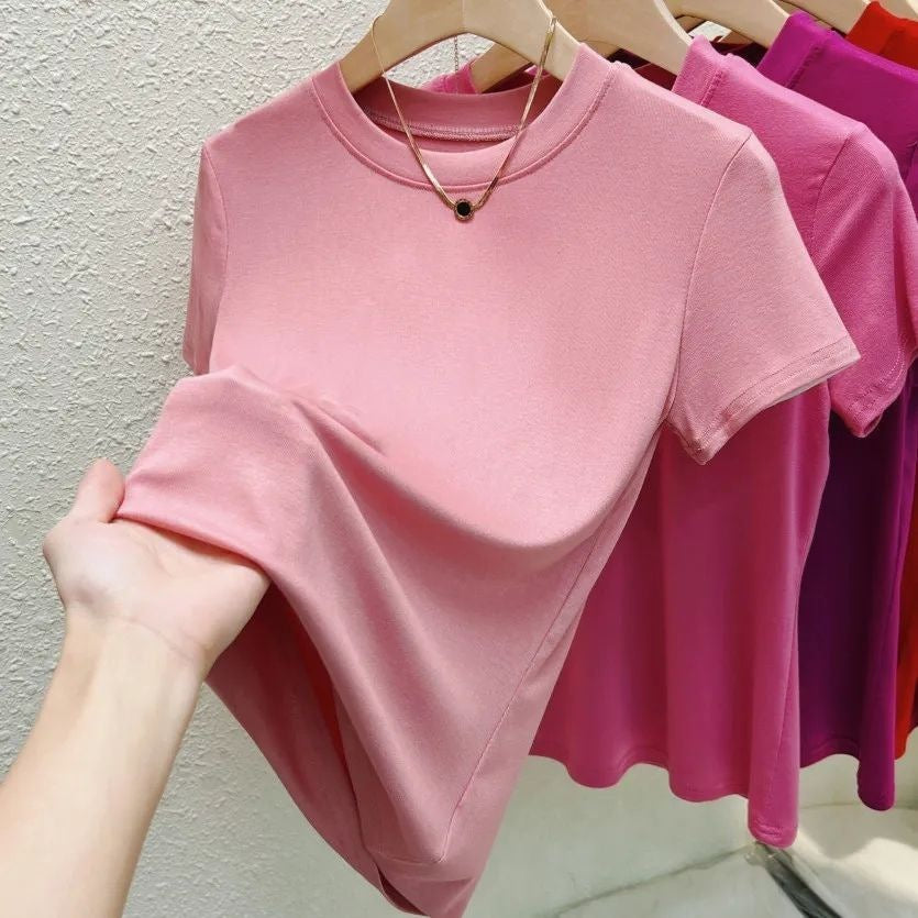 Summer New Short Sleeve Women's Round Neck Classic Pure Color All-matching Slim Fit