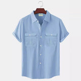 Solid Color Patchwork Linen Cardigan Short Sleeve Loose Lapels Men's Shirt