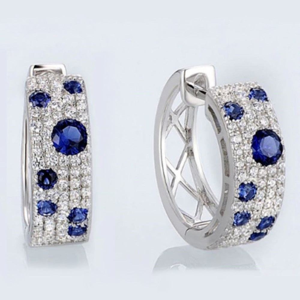 Korean Style Blue White Earrings Round Micro Inlaid Zircon Exquisite Ear Clip