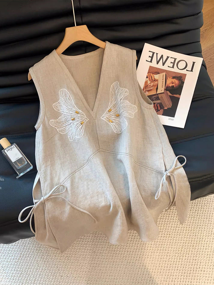 Laqian Style Embroidered V-neck Linen Vest Women's Summer High-end Versatile Loose Slimming Sleeveless Top