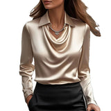 Spring And Autumn Temperament Long Sleeve Satin Swing Collar Top Shirt For Women