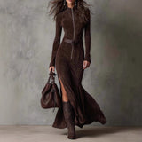 Slim Zipper Dress Elegant Temperament Split Long-sleeved Dresses Cowboy Fashion Retro Women's Clothing