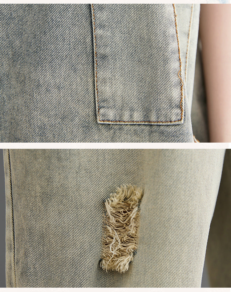 Spring And Summer Art Retro Hole Jean Suspenders Women
