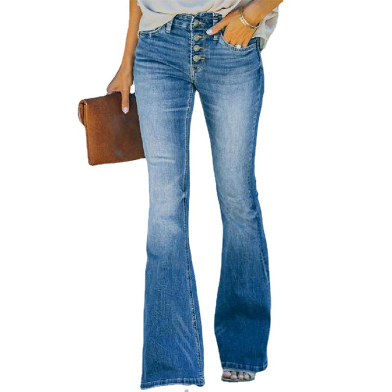 High Waist Bell Bottom Jeans Trendy Wear Washed Out Street Style Women's Denim Pants