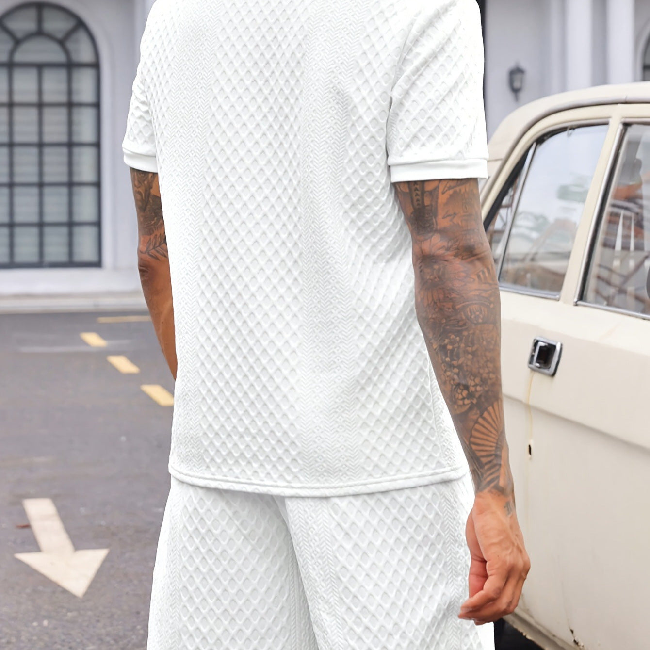 Men's Clothes Summer Wear Jacquard Walf Checks Fabric Short Sleeve Shorts Suit