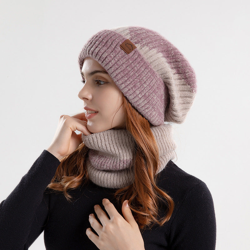 2pcs Knitted Hat Suit With Scarf Winter Two-color Hat And Thick Warm Earflaps Wool Scarf