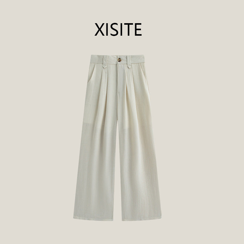 Casual Anti-wrinkle Thin High Waist Slimming And Straight Draping Cotton Linen Wide Leg Pants Long