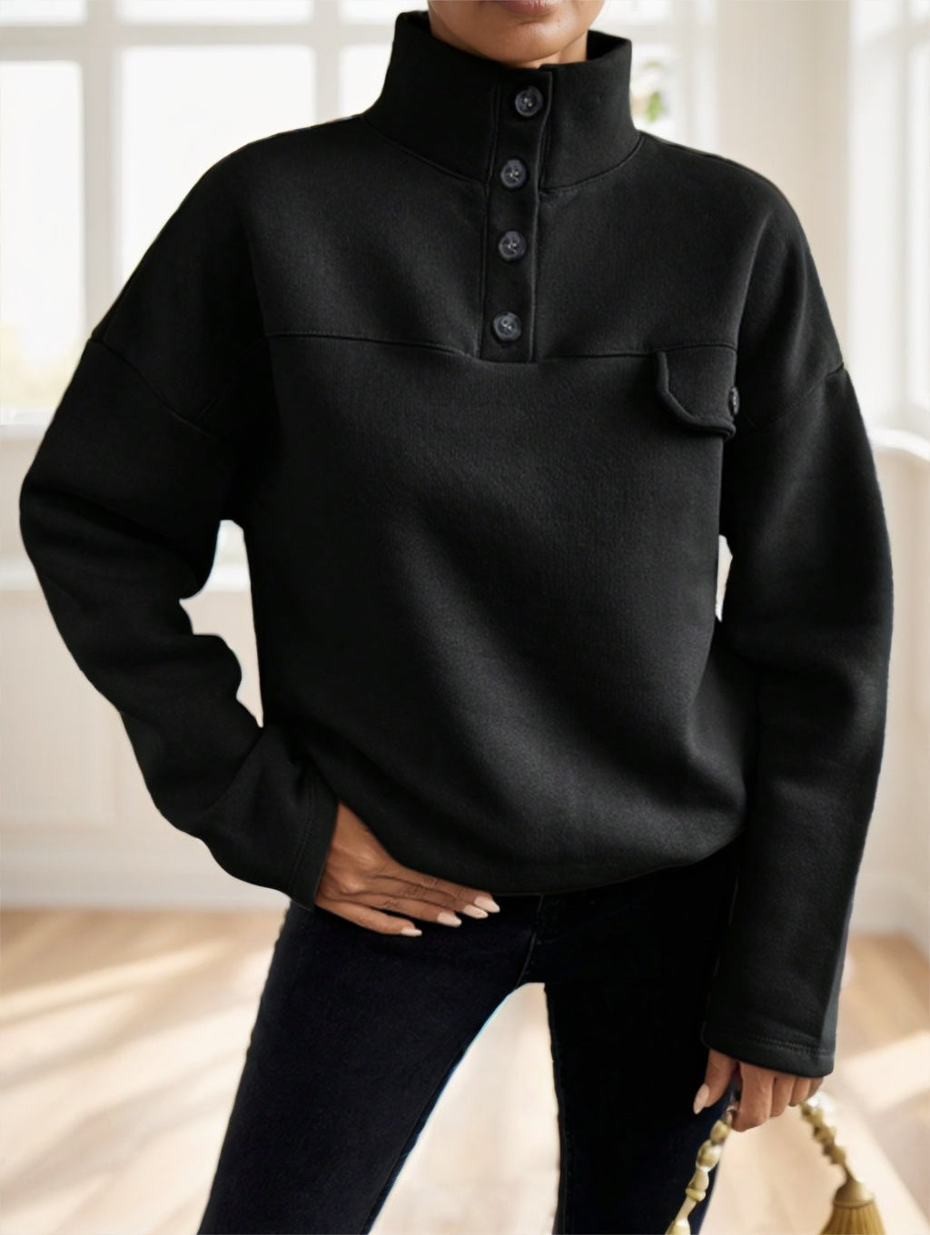 RueChic Half Button Flap Detail Drop Shoulder Sweatshirt