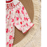 Infant Girls' Floral Smocked Romper 'DADDY'S Girl' Embroidery Short Sleeve Crew Neck Adorable Princess Party Bodysuit