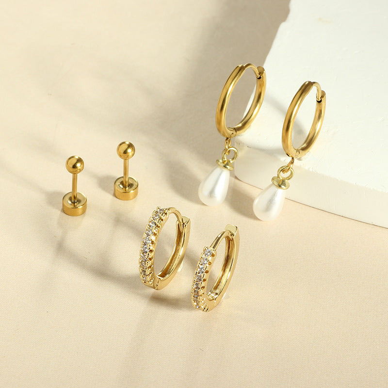 Geometric Zircon Thin Rod Opening Earring Eardrop Real Gold Plated Stainless Steel Suit