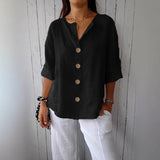 Loose-fit Women's V-neck Cotton-Linen Button T-shirt Top