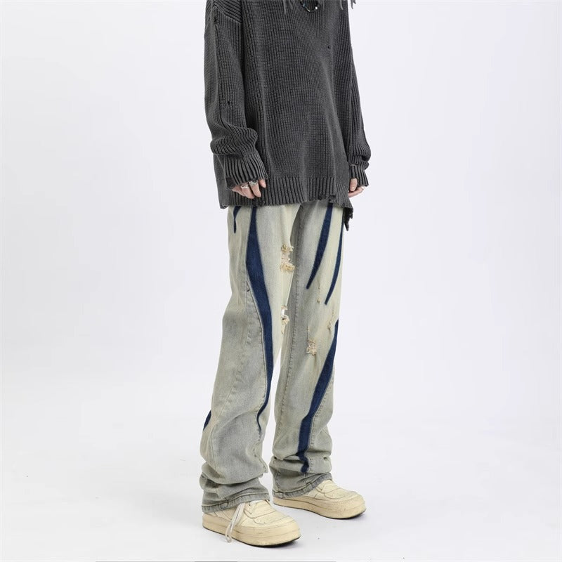 Contrast Color Spray Printing Ripped Jeans Men Loose Straight Trousers