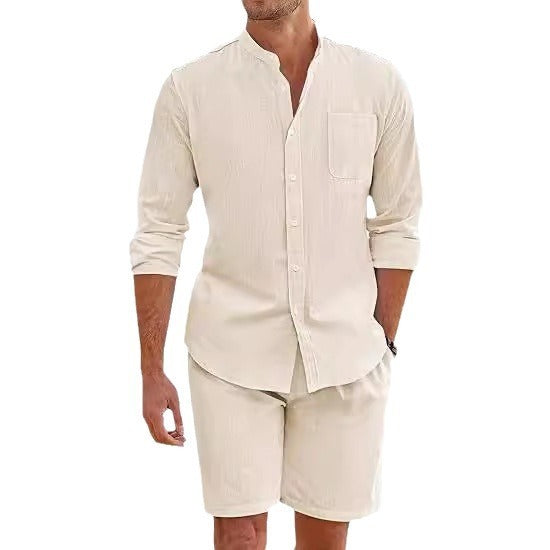 Men's Cotton Linen Comfortable Long Sleeve Shirt Shorts Suit