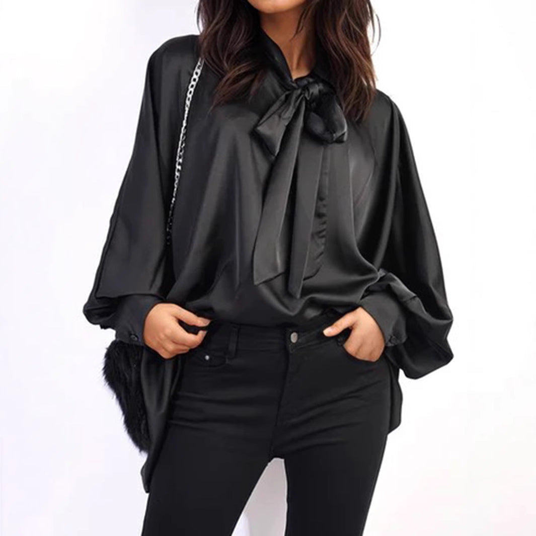 Fashion Bowknot Lace-up Long Sleeve Loose Shirt