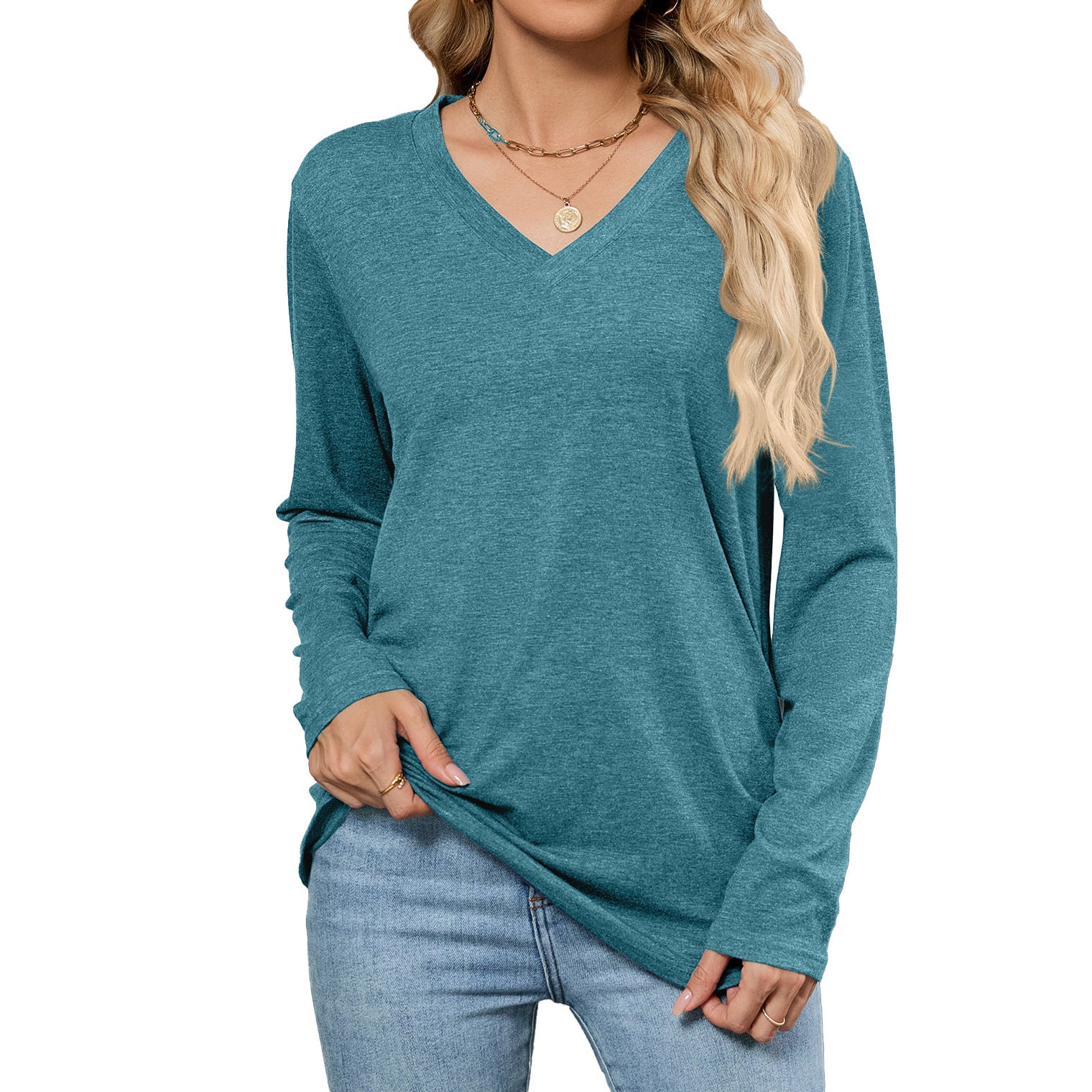 Leisure Pullover V-neck Solid Color Loose Long Sleeves