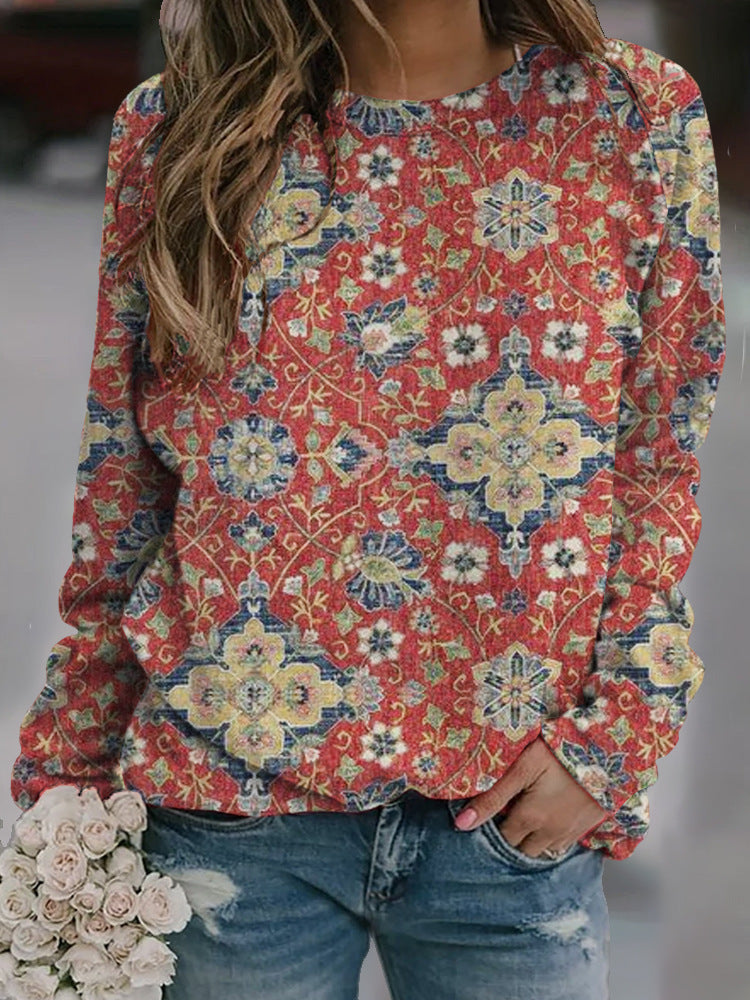 Casual Fashion Loose Ethnic Style Retro Long Sleeve Crew Neck Pullover Sweatshirt