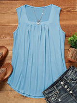 Summer Tank Tops For Women Loose Fit Pleated Square Neck Sleeveless Tops Vest T-shirt