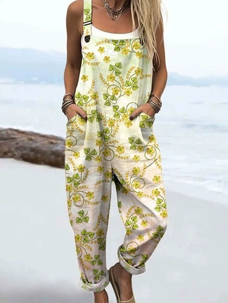 Female Digital 3D Printing Button Casual Suspender Trousers