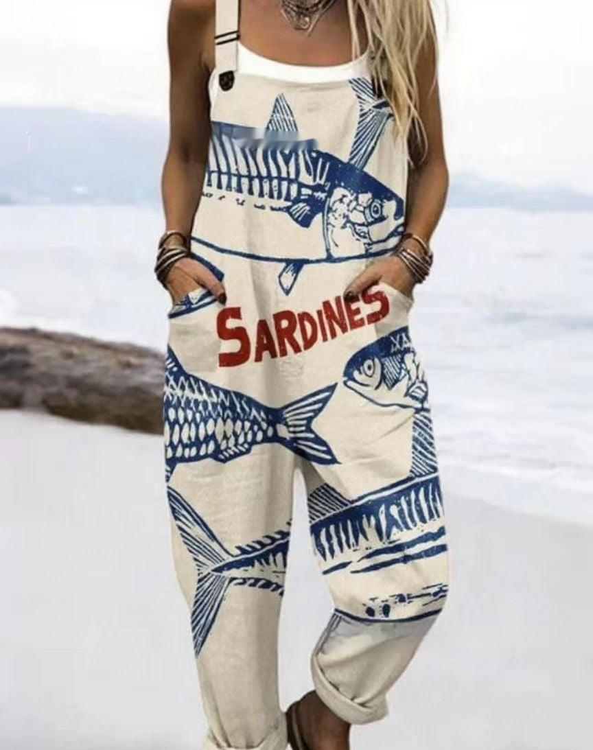 Female Digital 3D Printing Button Casual Suspender Trousers