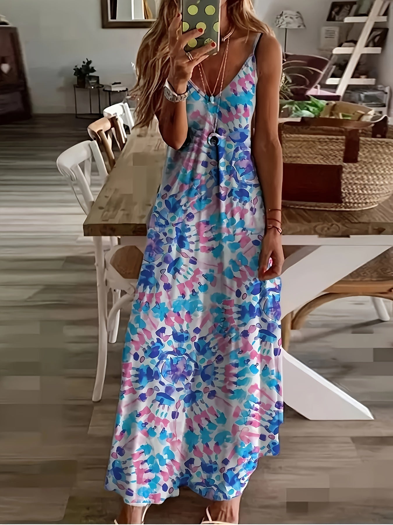 Self-pick-up Plus Size Women's Marble Printed V-Neck Stretchy Casual Cami Tank Dresses